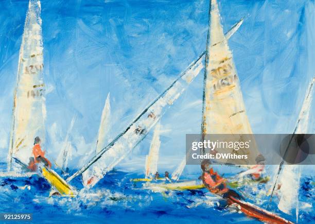 stockillustraties, clipart, cartoons en iconen met sailing dinghys racing - mast sailing