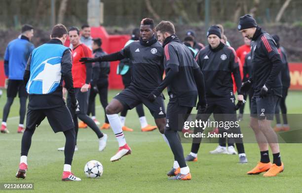 Nemanja Matic, Paul Pogba, Victor Lindelof and Zlatan Ibrahimovic of Manchester United in action during a first team training session at Aon Training...