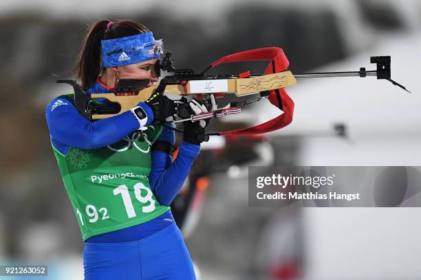 Joanne Firesteel Reid of the United States shoots during the Biathlon 2x6km Women + 2x7.5km Men Mixed Relay on day 11 of the PyeongChang 2018 Winter...