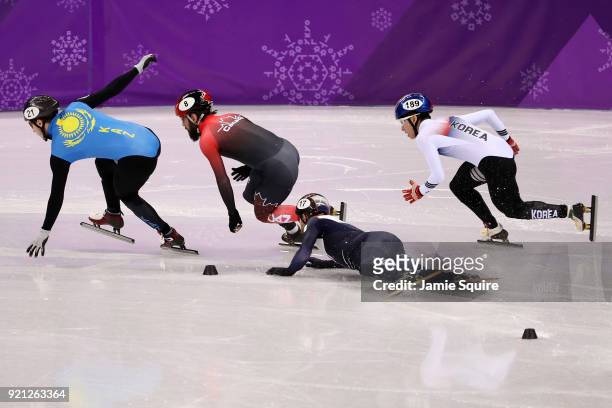 Daan Breeuwsma of the Netherlands falls during the Men's Short Track Speed Skating 500m Heats on day eleven of the PyeongChang 2018 Winter Olympic...
