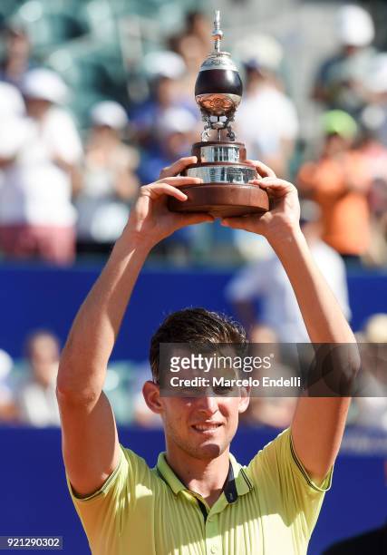 Dominic Thiem of Austria poses with the trophy after winning the final match against Aljaz Bedene of Slovenia as part of ATP Argentina Open at Buenos...