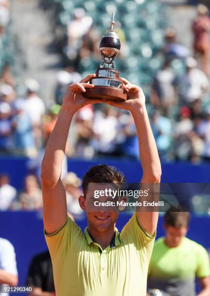 Dominic Thiem of Austria poses with the trophy after winning the final match against Aljaz Bedene of Slovenia as part of ATP Argentina Open at Buenos...