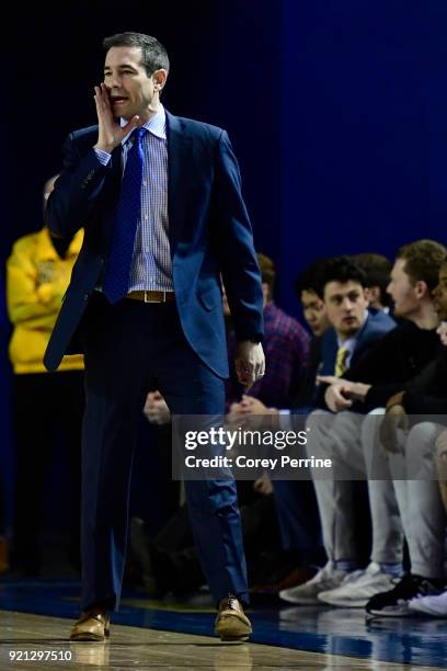 Head coach Martin Ingelsby of the Delaware Fightin Blue Hens yells to his team against the Elon Phoenix during the first half at the Bob Carpenter...