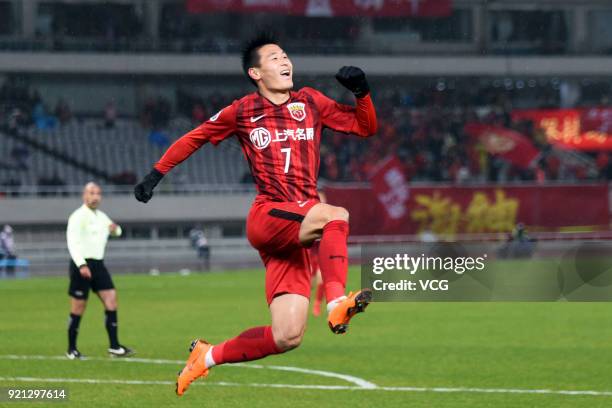 Wu Lei of Shanghai SIPG celebrates a goal during the 2018 AFC Champions League Group F match between Shanghai SIPG and Melbourne Victory at Shanghai...