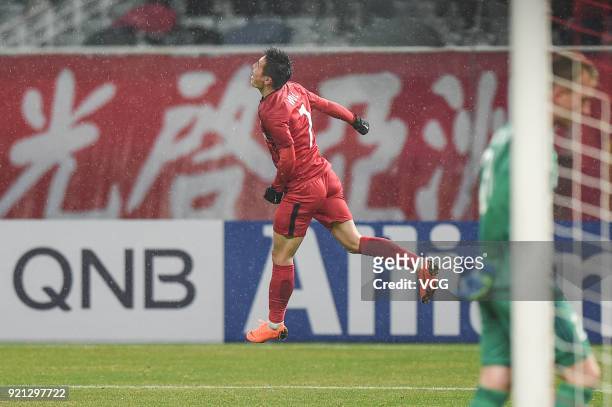 Wu Lei of Shanghai SIPG celebrates a goal during the 2018 AFC Champions League Group F match between Shanghai SIPG and Melbourne Victory at Shanghai...