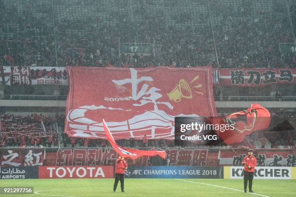 Supporters cheer for Shanghai SIPG during the 2018 AFC Champions League Group F match between Shanghai SIPG and Melbourne Victory at Shanghai Stadium...