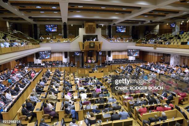 Cyril Ramaphosa , newly sworn-in South African president, addresses the South African Parliament on February 20 in Cape Town. - South African...