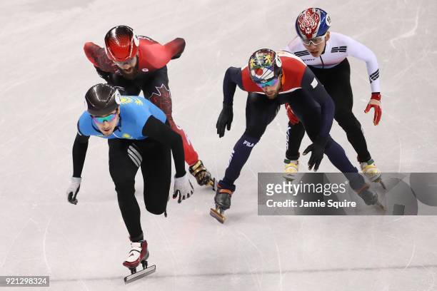 Denis Nikisha of Kazakhstan leads the packduring the Men's Short Track Speed Skating 500m Heats on day eleven of the PyeongChang 2018 Winter Olympic...