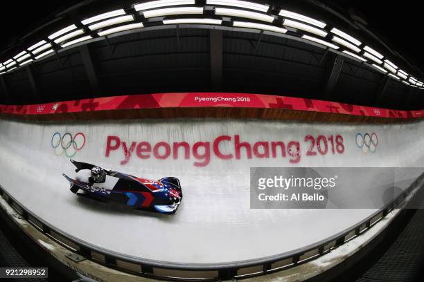 Jamie Greubel Poser and Aja Evans of the United States slide during the Women's Bobsleigh heats at the Olympic Sliding Centre on day eleven of the...