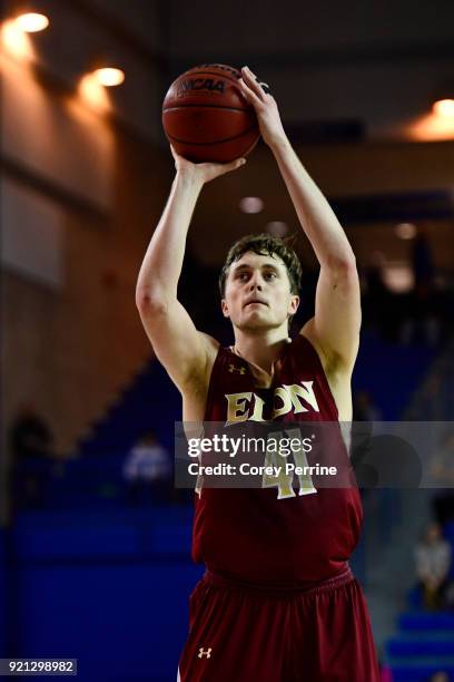 Tyler Seibring of the Elon Phoenix shoots a free throw against the Delaware Fightin Blue Hens during the second half at the Bob Carpenter Center on...