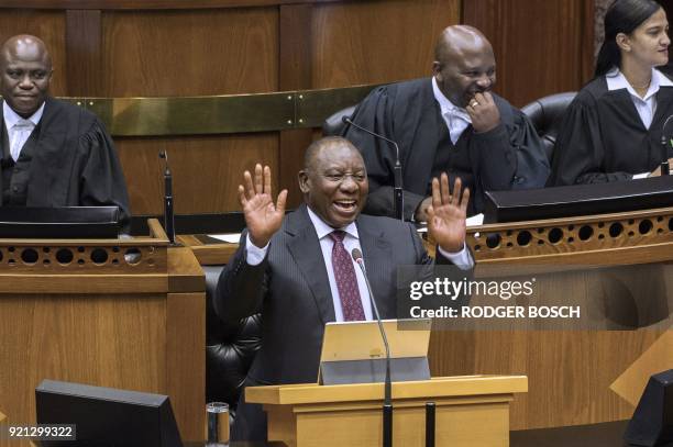 Cyril Ramaphosa, newly sworn-in South African president, addresses the South African Parliament on February 20 in Cape Town. South African President...