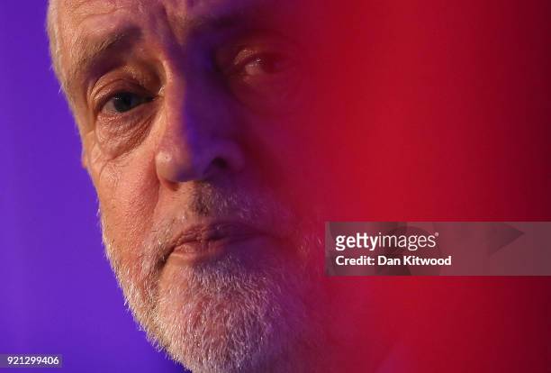 Jeremy Corbyn delivers a speech at The Queen Elizabeth II Conference Centre on February 20, 2018 in London, England. Corbyn addressed the EEF...