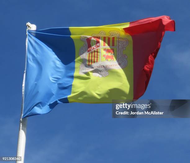flag of andorra (encamp parish, andorra) - andorra flag stock pictures, royalty-free photos & images