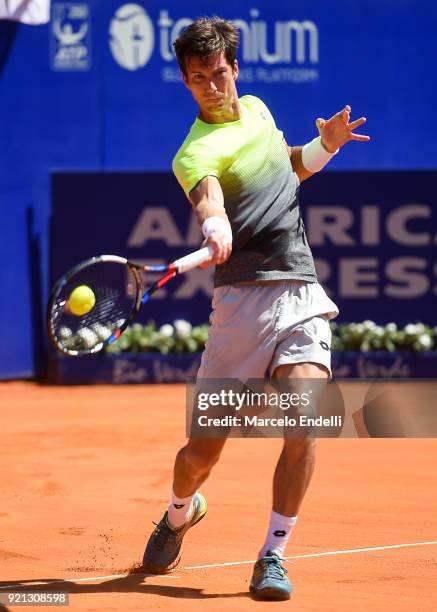 Aljaz Bedene of Slovenia takes a forehand shot during the final match against Dominic Thiem of Austria as part of ATP Argentina Open at Buenos Aires...