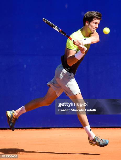 Aljaz Bedene of Slovenia takes a backhand shot during the final match against Dominic Thiem of Austria as part of ATP Argentina Open at Buenos Aires...