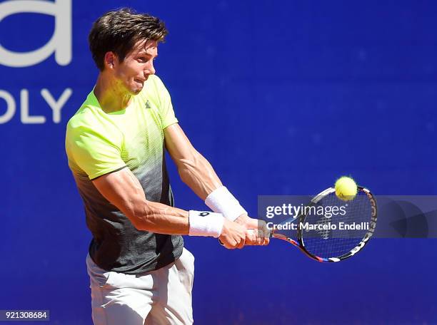 Aljaz Bedene of Slovenia takes a backhand shot during the final match against Dominic Thiem of Austria as part of ATP Argentina Open at Buenos Aires...