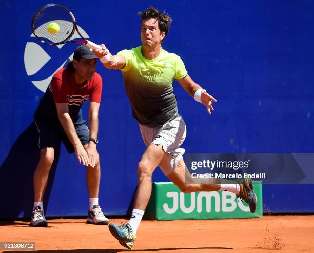 Aljaz Bedene of Slovenia takes a forehand shot during the final match against Dominic Thiem of Austria as part of ATP Argentina Open at Buenos Aires...