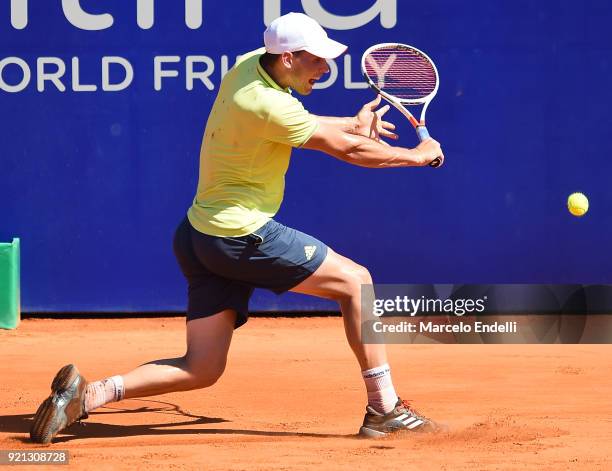 Dominic Thiem of Austria takes a backhand shot during the final match against Aljaz Bedene of Slovenia as part of ATP Argentina Open at Buenos Aires...