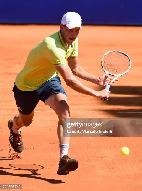 Dominic Thiem of Austria takes a backhand shot during the final match against Aljaz Bedene of Slovenia as part of ATP Argentina Open at Buenos Aires...