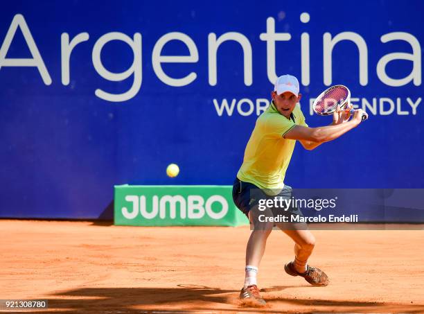 Dominic Thiem of Austria takes a forehand shot during a match against Aljaz Bedene of Slovenia as part of ATP Argentina Open at Buenos Aires Lawn...