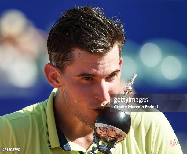 Dominic Thiem of Austria kisses the trophy after winning the final match against Aljaz Bedene of Slovenia as part of ATP Argentina Open at Buenos...