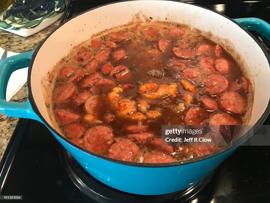 Pot of gumbo cooking on the stove