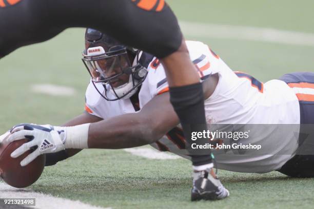 Jordan Howard of the Chicago Bears crosses the goal line during the game against the Cincinnati Bengals at Paul Brown Stadium on December 10, 2017 in...