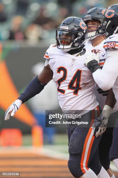 Jordan Howard of the Chicago Bears celebrates a touchdown during the game against the Cincinnati Bengals at Paul Brown Stadium on December 10, 2017...