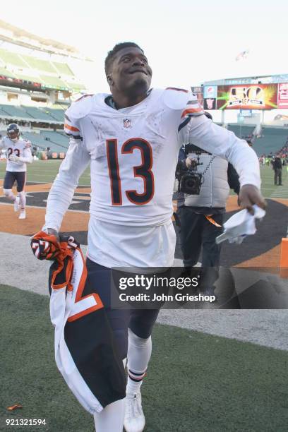 Kendall Wright of the Chicago Bears celebrates a victory during the game against the Cincinnati Bengals at Paul Brown Stadium on December 10, 2017 in...