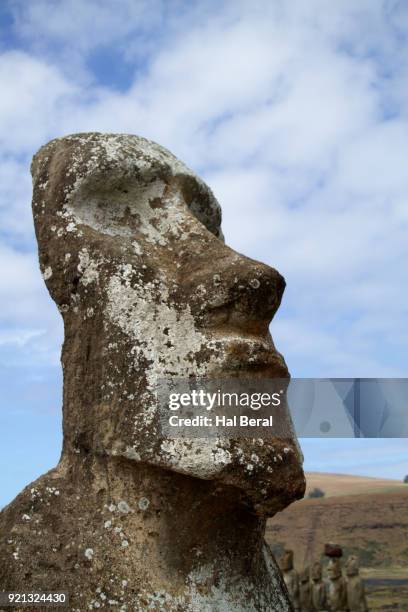 face of carved stone statue on easter island - moai hat stock pictures, royalty-free photos & images