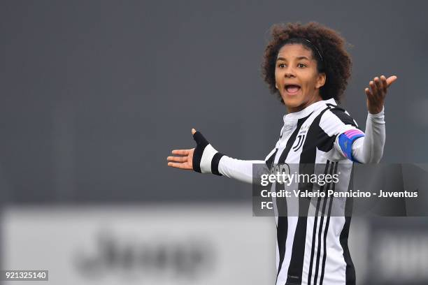 Sara Gama of Juventus Women reacts during the match between Juventus Women and Empoli Ladies at Juventus Center Vinovo on February 17, 2018 in...