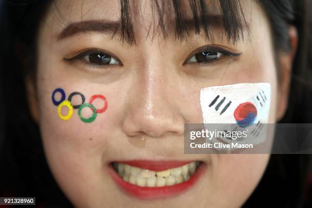 South Korea fan smiles during the Nordic Combined Individual Gundersen 10km Cross-Country on day eleven of the PyeongChang 2018 Winter Olympic Games...