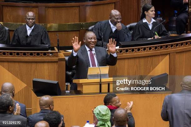 Cyril Ramaphosa, newly sworn-in South African president, addresses the South African Parliament on February 20 in Cape Town. South African President...