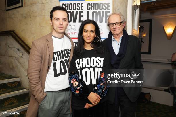 Andrew Scott, Anoushka Shankar and Ken Loach attend the Choose Love fundraiser in aid of Help Refugees at The Fortune Theatre on February 19, 2018 in...