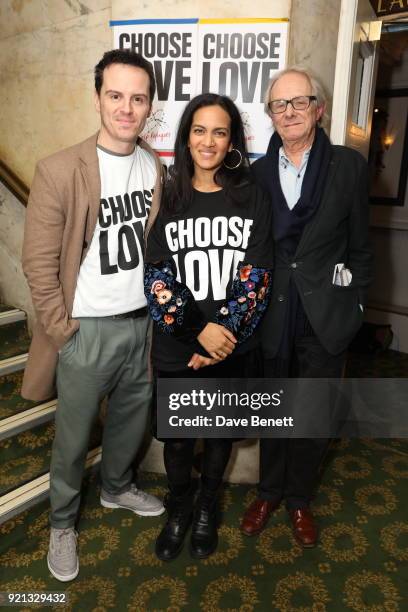 Andrew Scott, Anoushka Shankar and Ken Loach attend the Choose Love fundraiser in aid of Help Refugees at The Fortune Theatre on February 19, 2018 in...