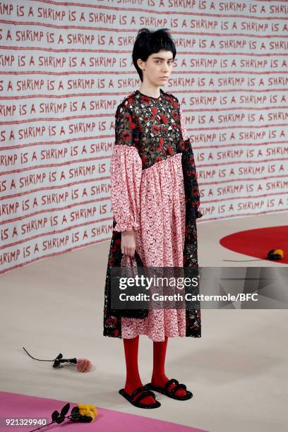 Model poses at the Shrimps Presentation during London Fashion Week February 2018 at TopShop Show Space on February 20, 2018 in London, England.