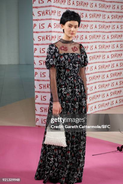 Model poses at the Shrimps Presentation during London Fashion Week February 2018 at TopShop Show Space on February 20, 2018 in London, England.