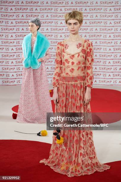 Model poses at the Shrimps Presentation during London Fashion Week February 2018 at TopShop Show Space on February 20, 2018 in London, England.