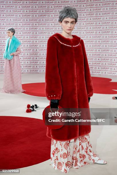 Model poses at the Shrimps Presentation during London Fashion Week February 2018 at TopShop Show Space on February 20, 2018 in London, England.