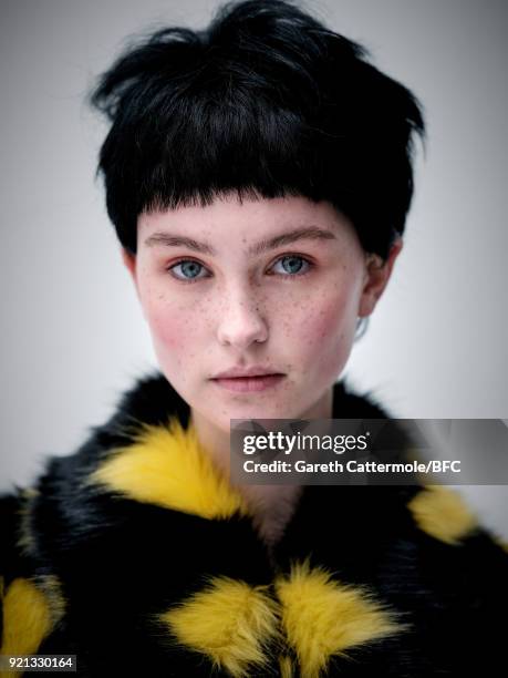 Model backstage ahead of the Shrimps Presentation during London Fashion Week February 2018 at TopShop Show Space on February 20, 2018 in London,...