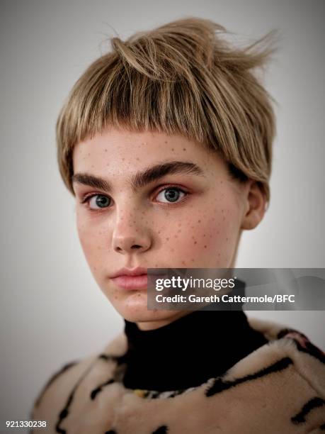 Model backstage ahead of the Shrimps Presentation during London Fashion Week February 2018 at TopShop Show Space on February 20, 2018 in London,...