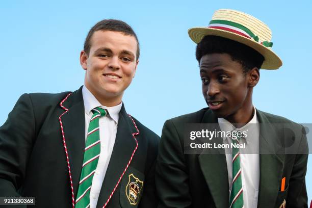 Students from the King Edward VII school sit together on the stands, ahead of an inter-school rugby match on March 29, 2017 in Johannesburg, South...