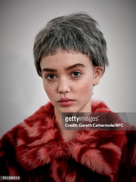 Model backstage ahead of the Shrimps Presentation during London Fashion Week February 2018 at TopShop Show Space on February 20, 2018 in London,...