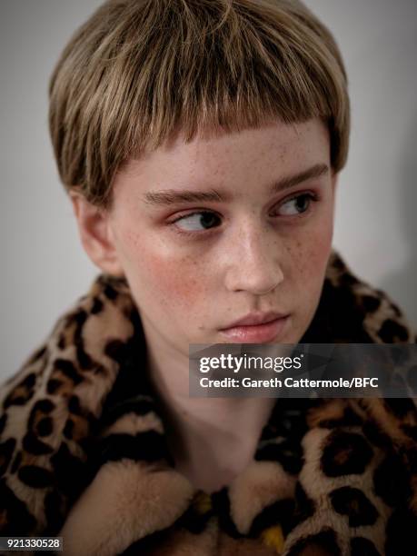 Model backstage ahead of the Shrimps Presentation during London Fashion Week February 2018 at TopShop Show Space on February 20, 2018 in London,...