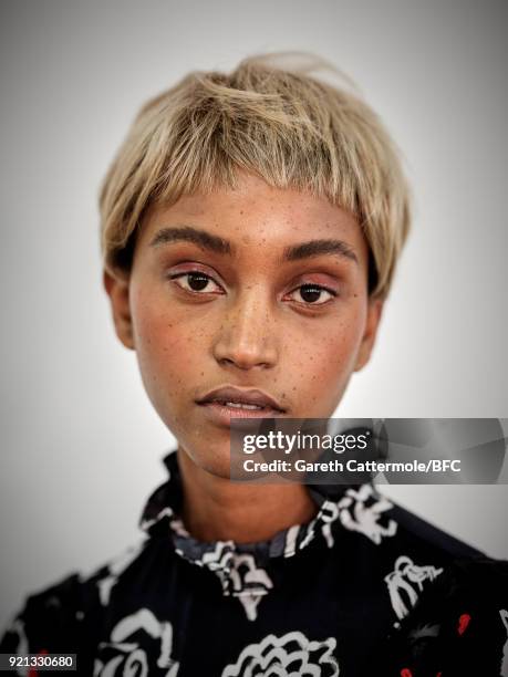 Model backstage ahead of the Shrimps Presentation during London Fashion Week February 2018 at TopShop Show Space on February 20, 2018 in London,...