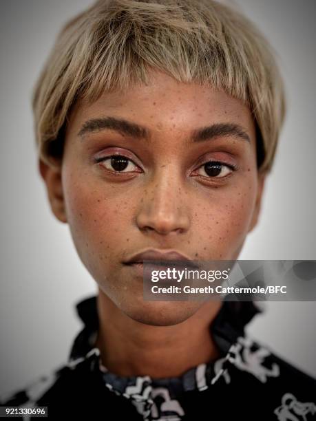 Model backstage ahead of the Shrimps Presentation during London Fashion Week February 2018 at TopShop Show Space on February 20, 2018 in London,...