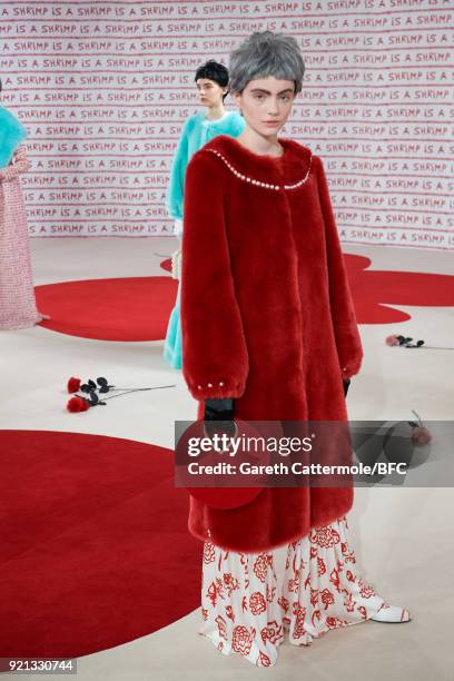 Model poses at the Shrimps Presentation during London Fashion Week February 2018 at TopShop Show Space on February 20, 2018 in London, England.