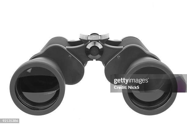 close up of pair of black binoculars - verrekijker stockfoto's en -beelden