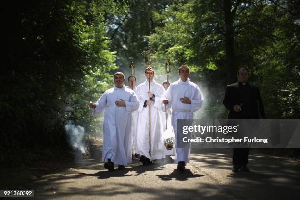 Seminarians and staff take part in the Corpus Christi procession in honour of the Eucharist on June 22, 2014 in Birmingham, England. St. Mary's...