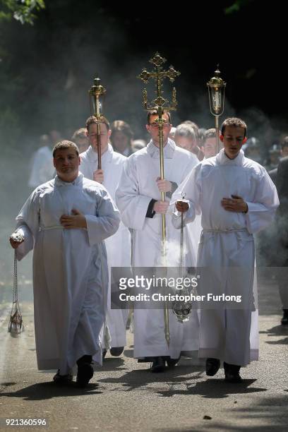 Seminarians and staff take part in the Corpus Christi procession in honour of the Eucharist on June 22, 2014 in Birmingham, England. St. Mary's...
